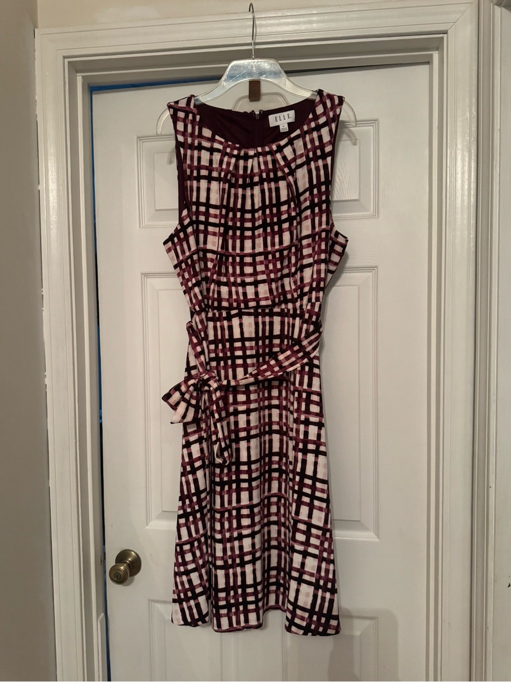 Elle Burgundy and White Plaid Sleeveless Tie-Waist Dress